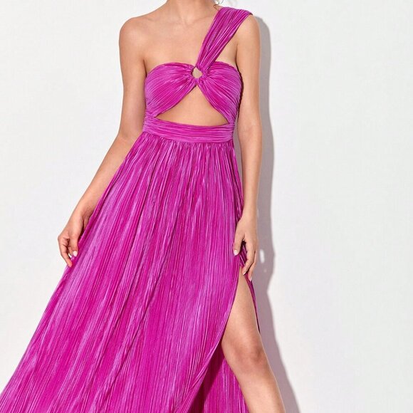 Red Violet Sexy Women's One Shoulder Ring Ruched Front Cut Out Split Thigh Dress - Picture 5 of 6